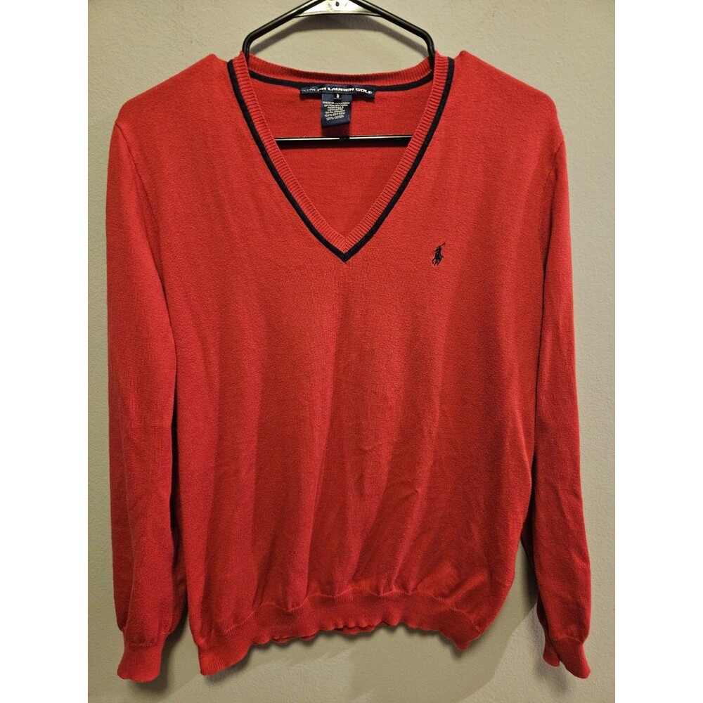 Ralph Lauren Golf Sweater Men’s L Red Navy V Neck 100% Cotton Pony Hong Kong